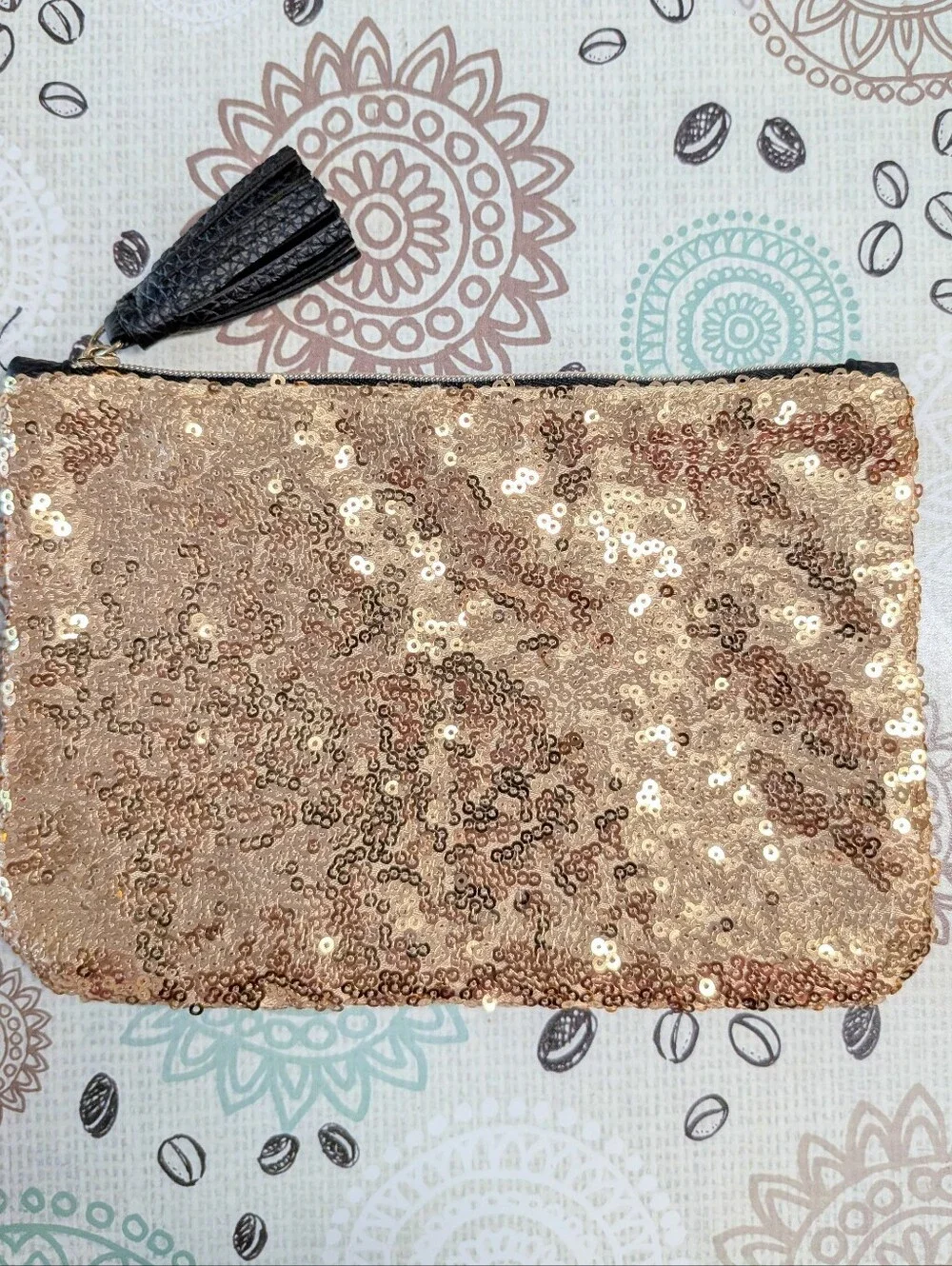 Ipsy gold sequin and faux leather makeup bag